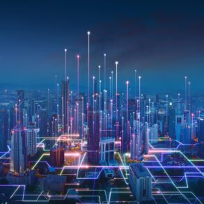 Visão de uma cidade, com diversas luzes representando conexões, edge computing